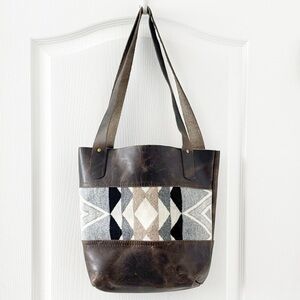 RH/MT Handcrafted Leather Tote bag With a woven Wool geometric panel